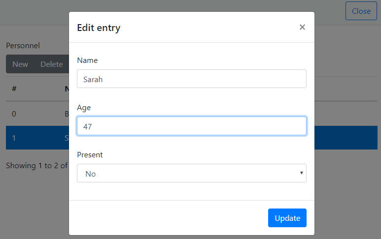 DataTables modal editing example