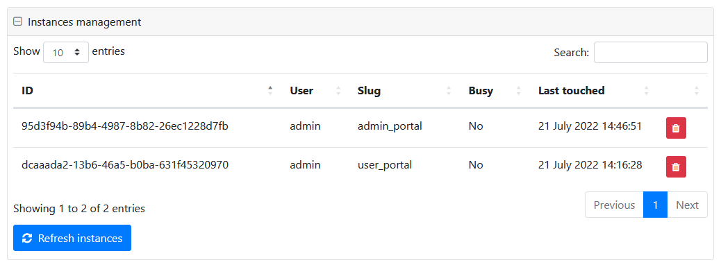 Instances management panel