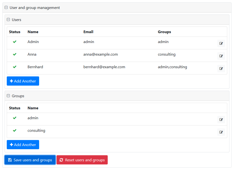 User and group management panel